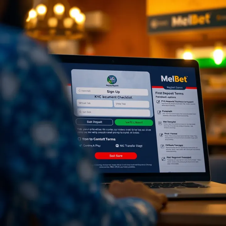 User verifying Melbet account through email confirmation on a laptop