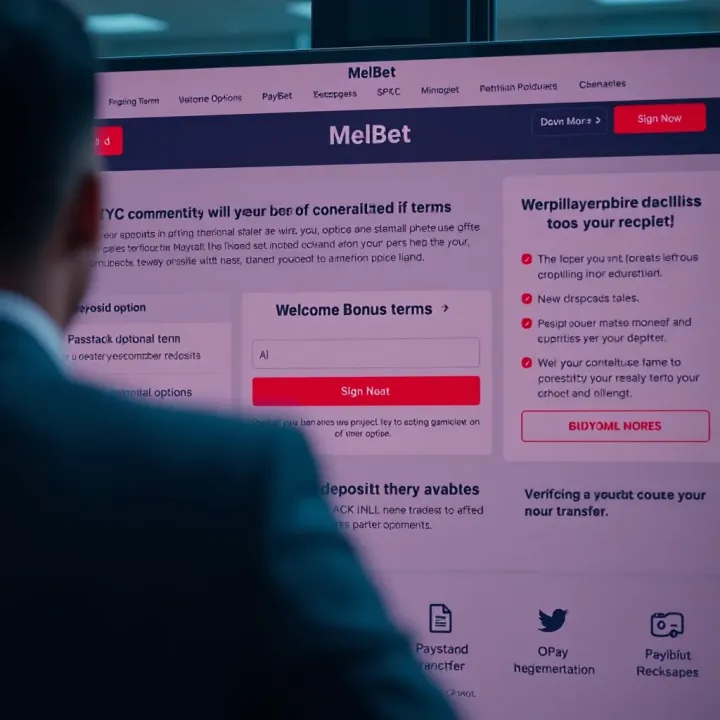 Mobile phone showing Melbet app features with secure login icons
