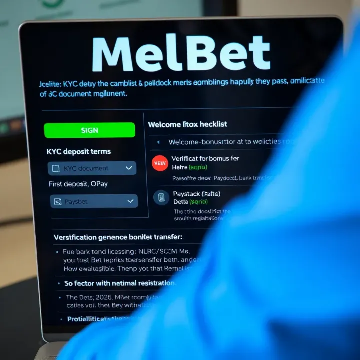 Computer screen showing Melbet Nigeria website with login and registration forms for account access