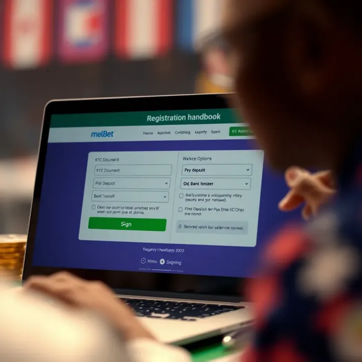 User interface showing the Melbet registration page with fields for personal details